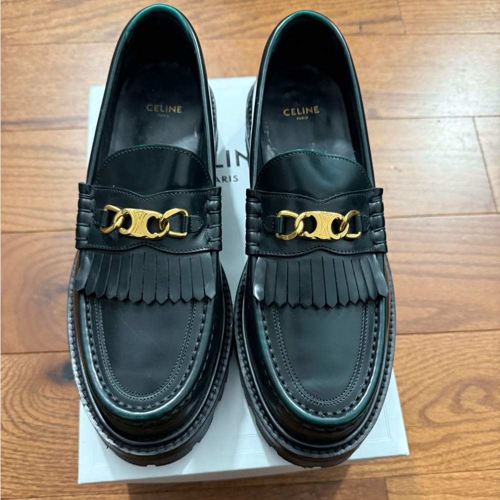 Celine Women’s Green Loafers with Gold Chain Detail